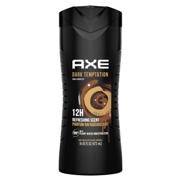 AXE Body Wash 12h Refreshing Scent Dark Temptation Dark Chocolate Men's Body Wash with 100 percent Plant-Based Moisturizers 16 oz