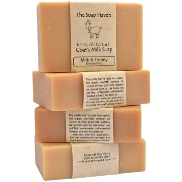 4 Goat Milk Soap Bars with Honey - Handmade in USA. All Natural Soap - Unscented, Fragrance Free, Fresh Goats Milk. Wonderful for Sensitive Skin and Babies. SLS, Paraben, GMO-Free.
