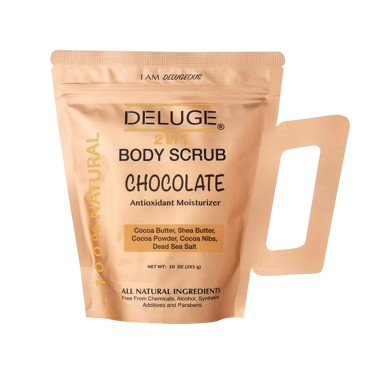 Deluge Chocolate Scrub for Cellulite and Stretch Marks, Body Exfoliant and Hydrating Cellulite Treatment with Shea Butter, Coconut Oil and Dead Sea Salt Firms, Tones and Moisturizes Skin (10 oz)