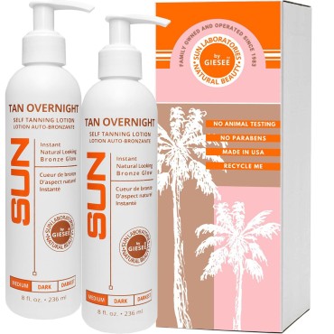 Sun Laboratories Tan Overnight Self-Tanning Body Lotion and Face Lotion - Sunless, Odorless, Long-Lasting Self Tanner for Light to Fair Skin - 2 Pack, 8 fl oz Bottles