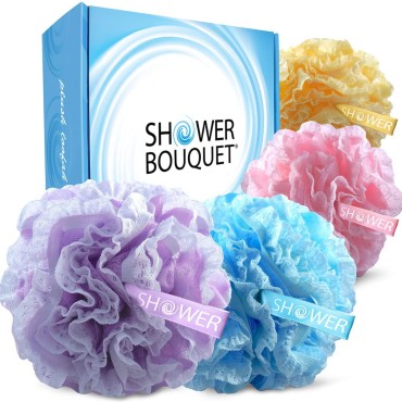 Loofah-Bath-Sponge Lace-Mesh-Set >> 2-Scrubs-in-1 by Shower Bouquet: Large Full 60g Pouf (4 Pack Spa Colors) Body Luffa Loofa Loufa Puff - Exfoliate, Cleanse Skin with Luxurious Bathing Accessories