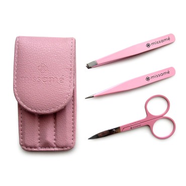 Precision Stainless Steel Eyebrow Tweezers Set In Pointed And Slanted Tip, Curved Brow Scissors, Comes With Pink Travel Case