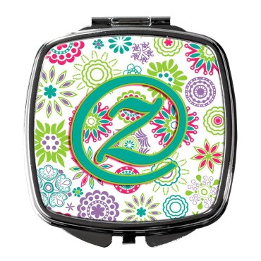 Caroline's Treasures CJ2011-ZSCM Letter Z Flowers Pink Teal Green Initial Compact Mirror Decorative Travel Makeup Mirror for Women Girls Gifts Pocket Makeup Mirror Folding Handheld