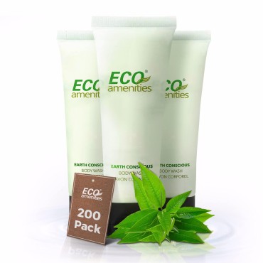 ECO Amenities Travel Size 1oz Body Wash (BULK 200 Pack) - 30ml Bulk Hotel Body Wash Supplies for Guests - Green Tea Scent Eco body wash for woman, Body wash for men, Biodegradable Container