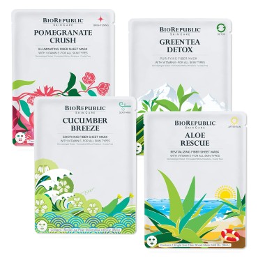 BioRepublic SkinCare Hydrating Sheet Masks On the Glow Kit | Aloe, Green Tea, Pomegranate, & Cucumber Facial Masks | Biodegradable & Cruelty Free Face Mask Variety Pack of 4