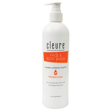 Cleure Face and Body Wash for Sensitive Skin, Fragrance Free and pH Balanced - Paraben, Sulfate & Gluten Free (12 oz, Pack of 1)
