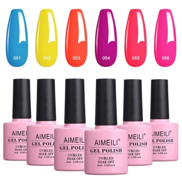 AIMEILI Hot Pink Neon Gel Nail Polish Soak Off Summer Yellow Gel Nail Lacquer, Neon Pink Neon Orange Blue Purple Nail Polish Color Gel Set Of 6pcs X 10ml - Kit Set 11