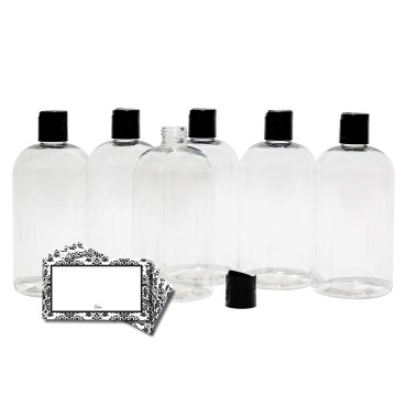 Baire Bottles 8 oz Empty Refillable Plastic Bottles with Squeeze Top, Hand-Press Lids - Hand Soap, Shower, Lotion, Homeopathy, Travel, 6 Pack PET, BPA Free USA (Clear with Black Disc, Damask Labels)