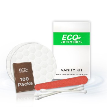 ECO Amenities Hotel Vanity Set, Travel Cotton Pads, Cotton Swabs, and Nail File Packed in Individually Wrapped Paper Box, 100 Sets per Case