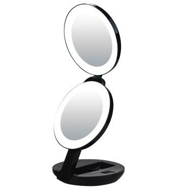 VrHere MirriM LED Lighted Travel Makeup Magnifying Mirror,Magnifies 10x and 1x, Luxury Double Side and Folding Pocket Vanity/Cosmetic Mirror (Black)