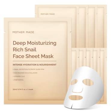 MOTHER MADE Moisturizing Snail Mucin Face Mask 10 Sheets, 22,050ppm Snail Secretion Filtrate, Collagen, Niacinamide, Vitamin C & E, Anti-aging Snail Essence for Dry, Sensitive Skin, Korean Skincare