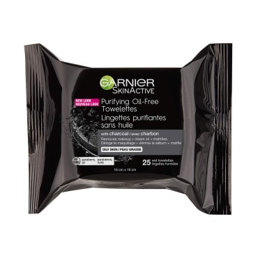 Garnier SkinActive Purifying Oil-Free Cleansing Towelettes with Charcoal, Package of 25 Wipes