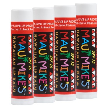 MAUI MIKE'S BEST LIP BALM WITH SPF-15. STRAWBERRY (4 PACK) Contains Aloe Vera,Vitamin E and Beeswax. Glides on Smooth Like the Perfect Wave.Great for Chapped Lips.
