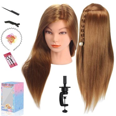 Mannequin Head with Hair, Beauty Star Doll Head for Hair Styling, 20 Inch Long Gold Syntheic Hair Cosmetology Manikin Training Head Model, Hairdressing Practice Head with Clamp Stand and Braiding Kit