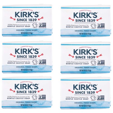 Kirk's Castile Bar Soap Clean Soap for Men, Women & Children| Premium Coconut Oil | Sensitive Skin Formula, Vegan | Original Fresh Scent | 4 oz. Bars - 6 Pack