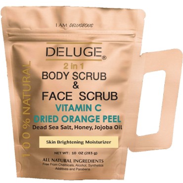 Deluge Vitamin C with Orange Peel Scrub for Cellulite and Stretch Marks, Body Exfoliant and Hydrating Cellulite Treatment with Shea Butter, Coconut Oil and Dead Sea Salt Firms, Tones and Moisturizes Skin (10 oz)