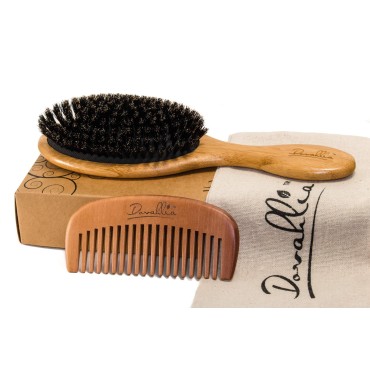 Boar Bristle Hair Brush Set for Women and Men - Designed for Thin and Normal Hair - Adds Shine and Improves Hair Texture - Wood Comb and Gift Bag Included (black)