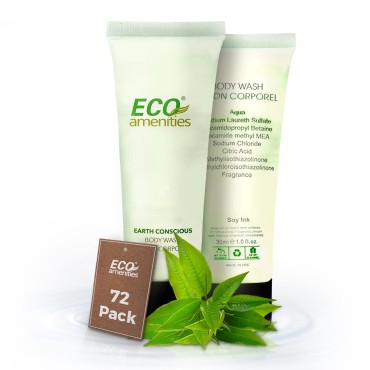 ECO amenities Travel Size Body Wash Bulk - Hotel Supplies for Guests - Great for Vacation Rental and Airbnb Toiletries - Body Wash for Men & Women - Green Tea Scent - 72 pack, 1.0 fl oz (30ml) tubes