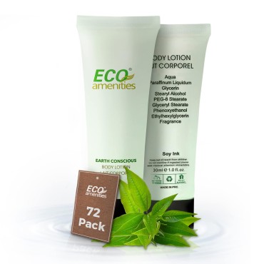 Eco Amenities Travel Size Body Lotion - 72 Pack, 1 oz Small Tubes with Flip Cap, Green Tea Scent, Bulk Case of Trial Size Toiletries, Individually Packaged Hand Lotion Samples, Mini Body Lotion for Guests of Airbnbs, BNBs, VRBO, Inns and Hotels