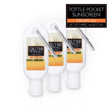SPF 30 Sunscreen Multi-Pack by L'AUTRE PEAU | Travel Size Sunscreen for Men, Women, and Kids | Non-Greasy Water Resistant | Tropical Scent | TSA Approved | (1oz 3 Pack with Carabiner Clip)