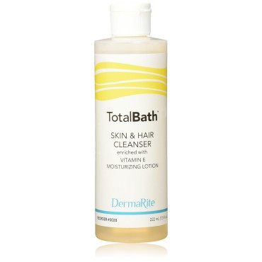 DermaRite TotalBath Skin and Hair Cleanser - 7.5 Oz - Full Body Shampoo and Body Wash Moisturizing Lotion - Enriched with Vitamin E - Ideal for Sensitive Skin, Rinse Free