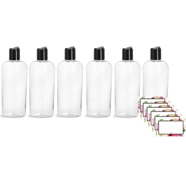 Baire Bottle - 6 Ounce Clear Cosmo Oval Plastic, Black Disc Top Caps 6 Pack, Including 6 Floral Waterproof Labels