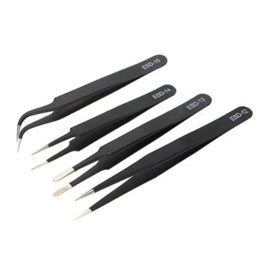 AKOAK 4 Pcs ESD Tweezers Set Anti-Static Tweezers Stainless Steel Tweezers for Eyelash Extension,Electronics, Jewelry-making - Straight and Curved Tip Tweezers - Black