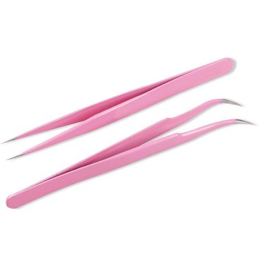 AKOAK 2 Pieces Stainless Steel Tweezers for Eyelash Extension - Straight and Curved Tip Tweezers - Pink