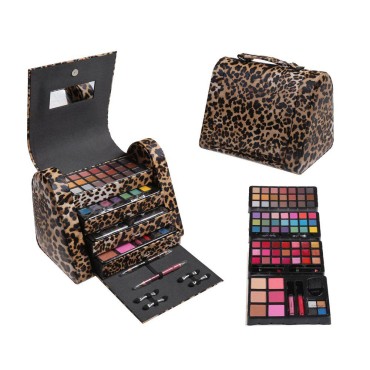 Cameo Cosmetics 86pc Premium Make Up Set with Reusable Brown Leopard Bag - Eye Shadows, Lip Colors, Lip Balms, Face Powders, Blushes, Lip Sticks, Lip Glosses, Pencils, Brush, Applicators