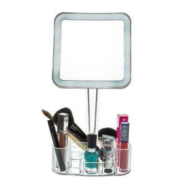 daisi Magnifying Lighted Makeup Mirror with Cosmetic Organizer Base | 7X Magnification, LED Lighted Free Standing Bathroom Mirror for Vanity, Desk or Tabletop | Square