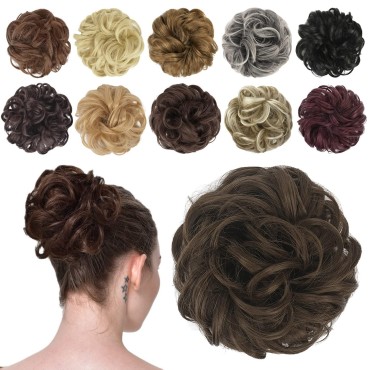 FESHFEN Messy Bun Hair Piece Hair Bun Scrunchies Golden Brown Synthetic Wavy Curly Chignon Ponytail Hair Extensions Thick Updo Hairpieces for Women Girls 1PCS
