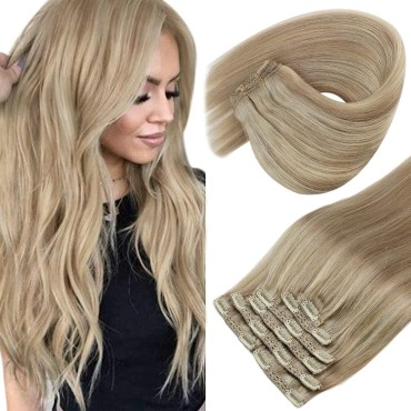 Sunny Clip in Hair Extensions, Blonde Clip in Hair Extensions Human Hair Light Blonde Highlights Golden Blonde Hair Extensions Human Hair Clip in Extensions 120g 16inch 7pcs