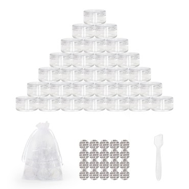 SumDirect 100Pcs 5G/5ML Clear Plastic Cosmetic Containers with Lids, Sample Jars, Makeup Sample Containers for Cream Lotion with a Scoop and 10 Pcs Organza Bags