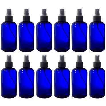 JUVITUS Cobalt Blue 8 oz Boston Round PET Plastic Bottles (BPA Free) with Black Fine Mist Spray (12 pack) + Labels