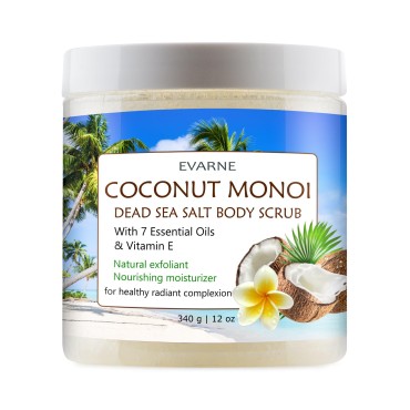 Evarne Coconut Monoi Dead Sea Salt Body Scrub with 7 Essential Oils and Vitamin E
