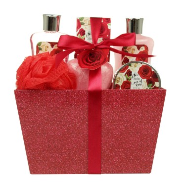 Christmas Bath and Body - Spa Gift Baskets for Women & Girls, Spa Kit Birthday Gift Includes Love of Rose Scent Shower Gel, Bubble Bath, Body Lotion, Bath Salt, Red Bath Puff and Heart Bath Bomb