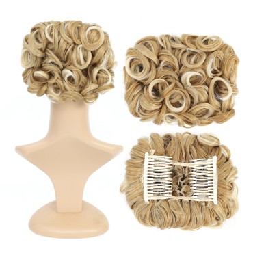 SWACC Short Messy Curly Dish Hair Bun Extension Easy Stretch hair Combs Clip in Ponytail Extension Scrunchie Chignon Tray Ponytail Hairpieces (Blonde Mixed-27T613#)