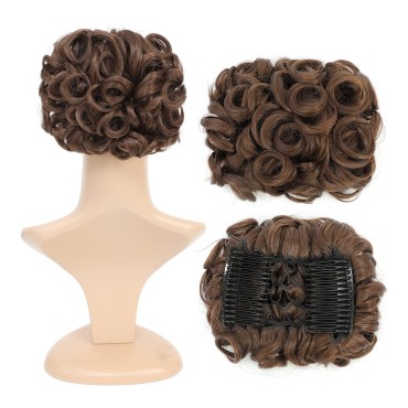 SWACC Short Messy Curly Dish Hair Bun Extension Easy Stretch hair Combs Clip in Ponytail Extension Scrunchie Chignon Tray Ponytail Hairpieces (Medium Ash Brown-8#)