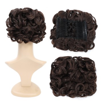 SWACC Short Messy Curly Dish Hair Bun Extension Easy Stretch hair Combs Clip in Ponytail Extension Scrunchie Chignon Tray Ponytail Hairpieces (Dark Brown-4#)