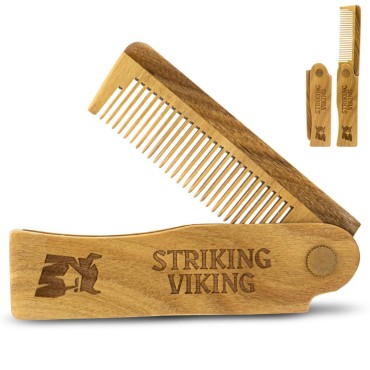 Striking Viking Folding Wooden Comb for Men - Hair, Mustache & Beard Comb - Styling Comb - Sandalwood Switchblade Comb for Everyday Beard Grooming - Use Dry or with Beard Oils & Balms