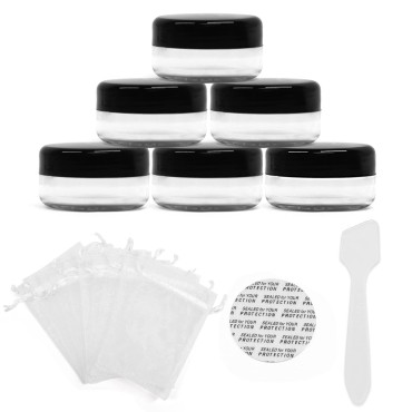 SumDirect 50Pcs 10G/10ML Clear Plastic Cosmetic Containers with Black Lids, Sample Jars, Makeup Sample Containers with 10 Pcs Organza Bags and a Scoop