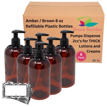 Baire Bottles 8 oz Empty Refillable Plastic Pump Bottles Dispenser 6 Pk PET BPA Free Refillable for Thick Shampoo Lotion Soap - Waterproof Labels USA (Amber/Brown with Black Lotion Pump Damask Labels)