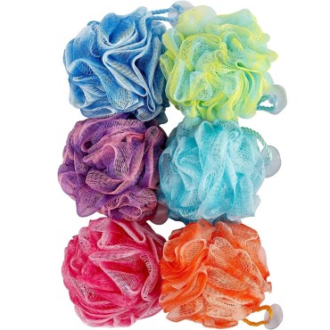 Spa Savvy Bath Sponges for Shower 6 Pack 50 Gram 5''- Shower Pouf Luffa Sponges - Exfoliating Body Scrubber Bath Loofahs - Shower Puff Balls, Multicolor Shower Scrunchies with Suction Cups