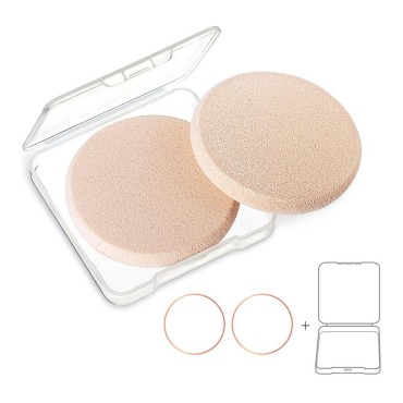 KOOBA 2pcs Round Makeup Sponges with 1 Travel Case, Beauty Face Primer Compact Powder Puff, Blender Sponge Replacement for Cosmetic Flawless Foundation, Sensitive and All Skin Types