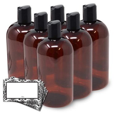 Baire Bottles 16 oz Empty Plastic Bottles with Squeeze Top for Shampoo Bottles, Lotion Bottle, Sanitizer, 6 Pack, Waterproof Labels, PET, BPA Free USA (Amber/Brown with Black Disc, Damask Labels)