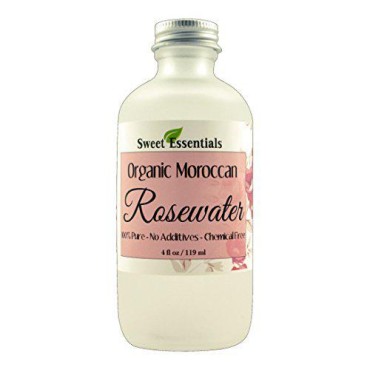 Premium Organic Moroccan Rose Water - 4oz Glass Bottle - Imported From Morocco - 100% Pure (Food Grade) Perfect for Reviving, Hydrating and Rejuvenating Your Face and Neck - By Sweet Essentials