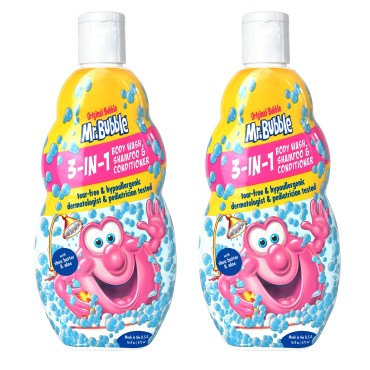 Mr. Bubble Kids Original 3in1 Shampoo, Conditioner, Body Wash - Hypoallergenic, Tear Free Bubble Gum Scented, Creates Big Bubbles In The Tub And Shower (Pack Of 2 Bottles, 16 fl oz Each)