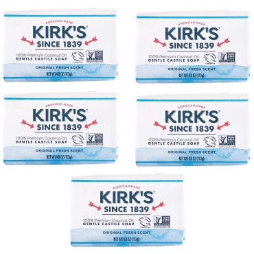 Kirk's Castile Bar Soap Clean Soap for Men, Women & Children| Premium Coconut Oil | Sensitive Skin Formula, Vegan | Original Fresh Scent | 4 oz. Bars - 5 Pack