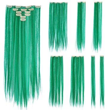 SWACC 7 Pcs Full Head Party Highlights Clip on in Hair Extensions Colored Hair Streak Synthetic Hairpieces (22-Inch Straight, Green)