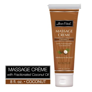 Bon Vital' Coconut Massage Crème Made with 100% Pure Fractionated Coconut Oil, Massage Cream & Moisturizer to Repair Dry Skin, No Greasy Feel, Anti-Aging Cream for Professional Massage, 8 Ounce Tube